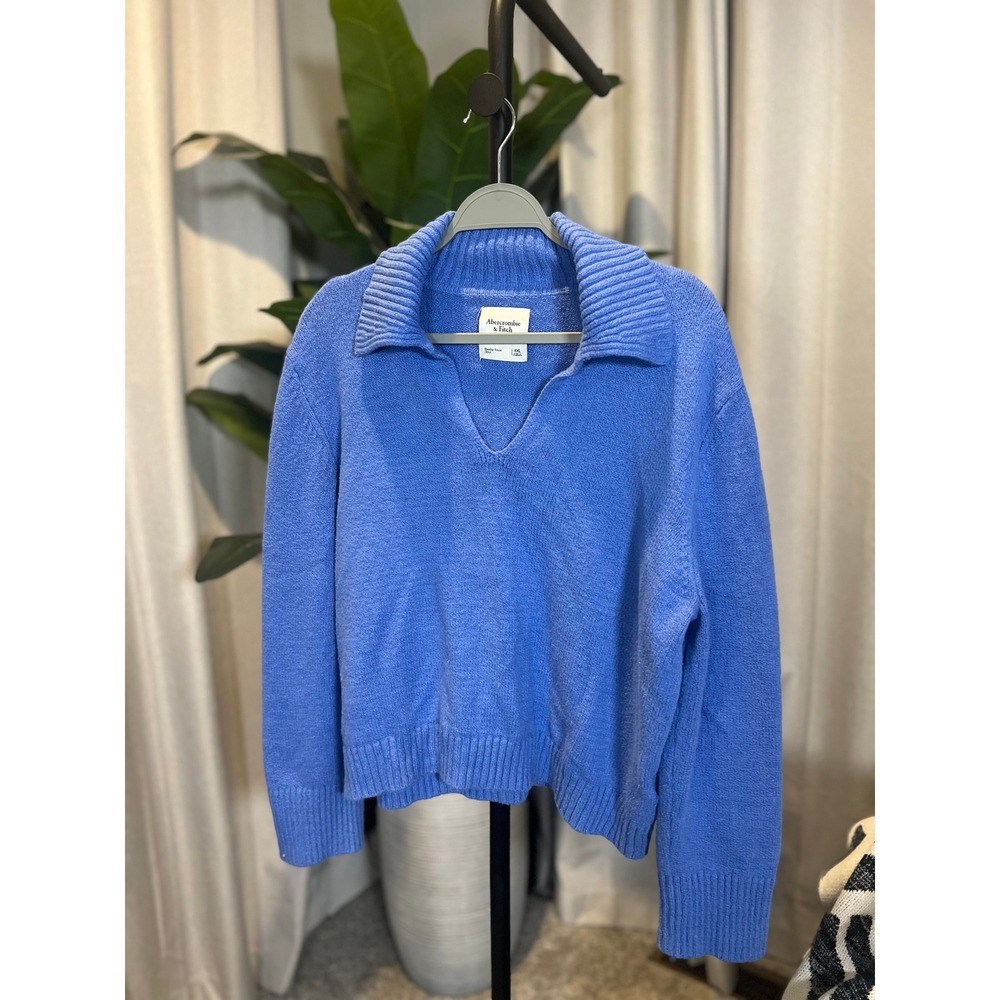 Abercrombie & Fitch Blue Collared V-Neck Textured Knit Sweater XXL